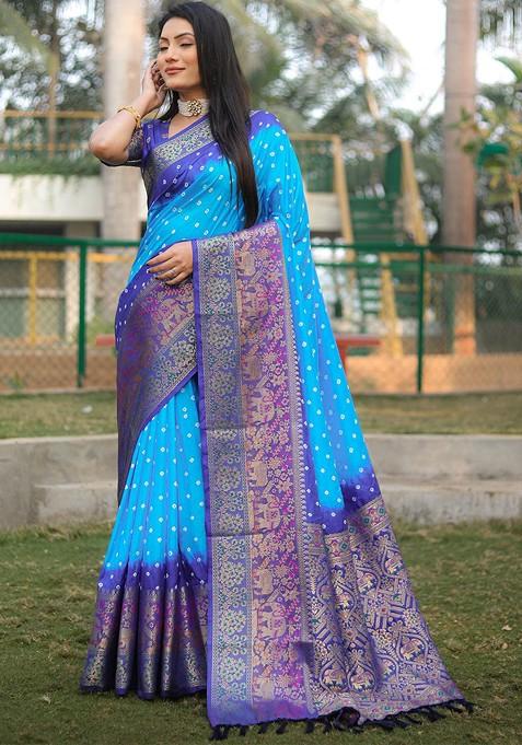 Turquoise Blue Zari Pure Silk Bandhani Saree Set