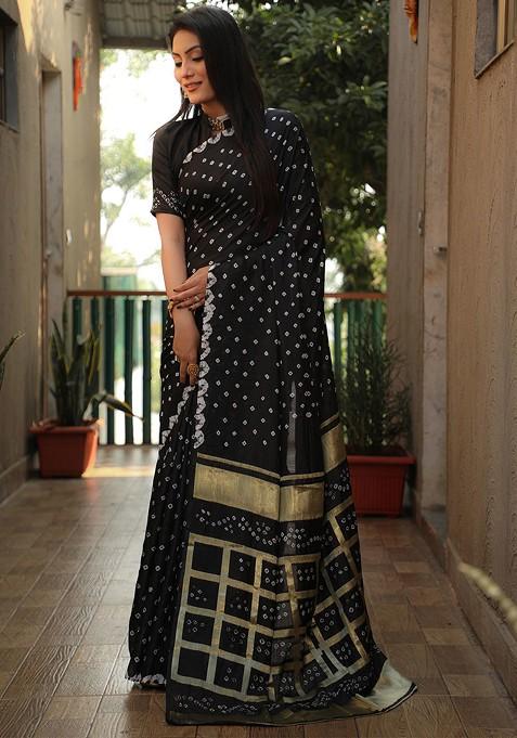 Black Pure Silk Bandhani Saree Set