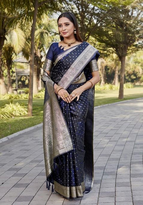 Black Woven Satin Kanjeevaram Saree Set