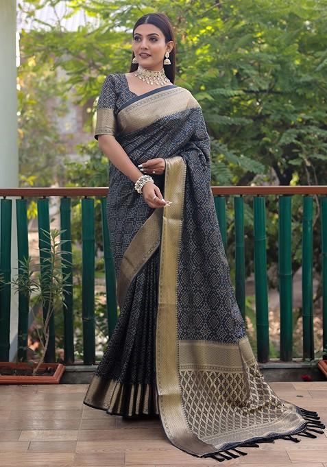 Blue Bandhani Print Pure Silk Saree Set