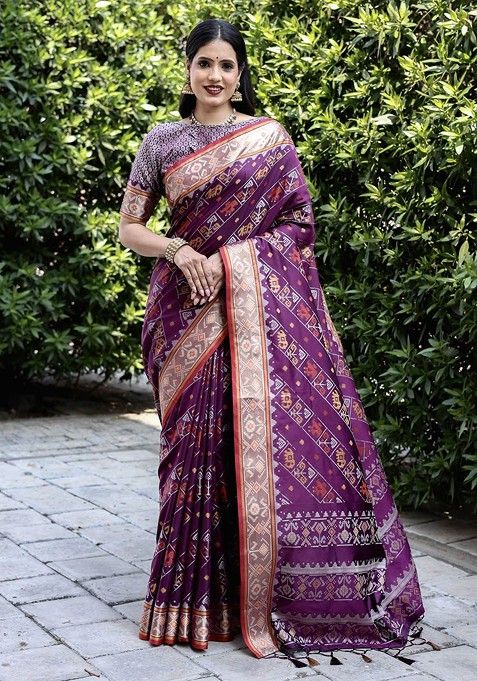 Purple Ethnic Motifs Zari Pure Silk Saree Set