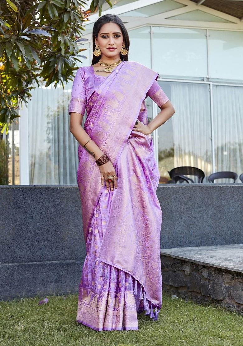 Lavender Woven Zari Satin Banarasi Saree Set