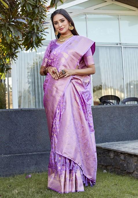 Lavender Woven Zari Satin Banarasi Saree Set