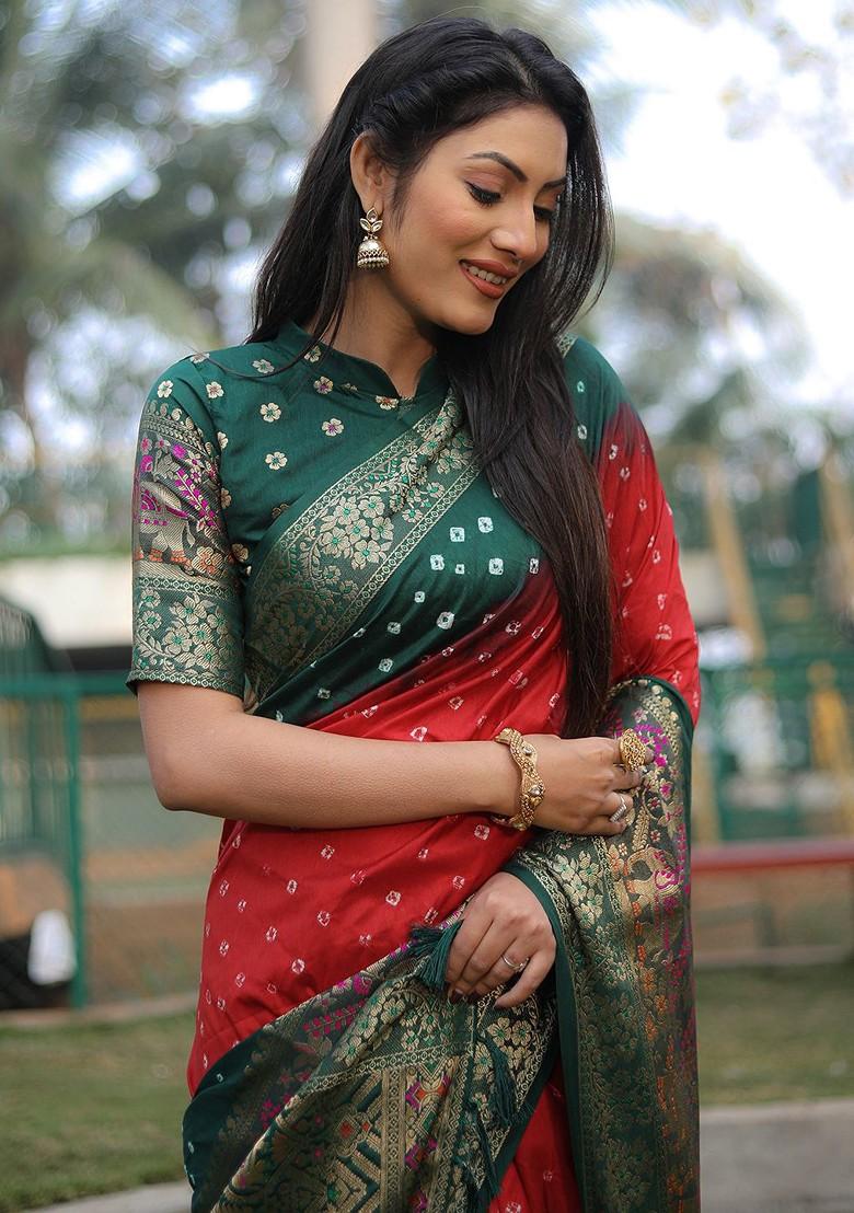 Red Zari Pure Silk Bandhani Saree Set