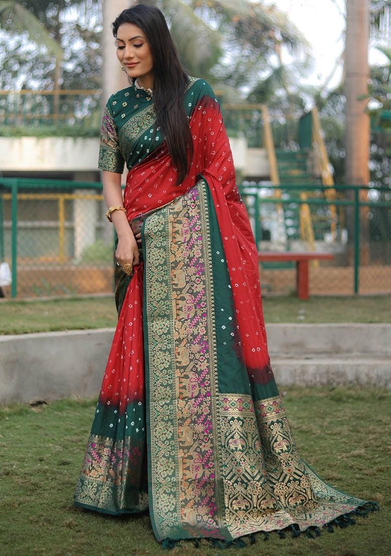 Red Zari Pure Silk Bandhani Saree Set