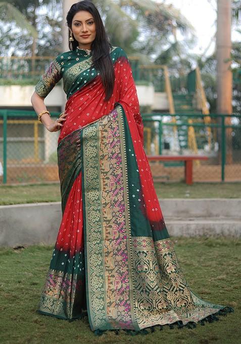 Red Zari Pure Silk Bandhani Saree Set