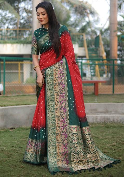 Red Zari Pure Silk Bandhani Saree Set