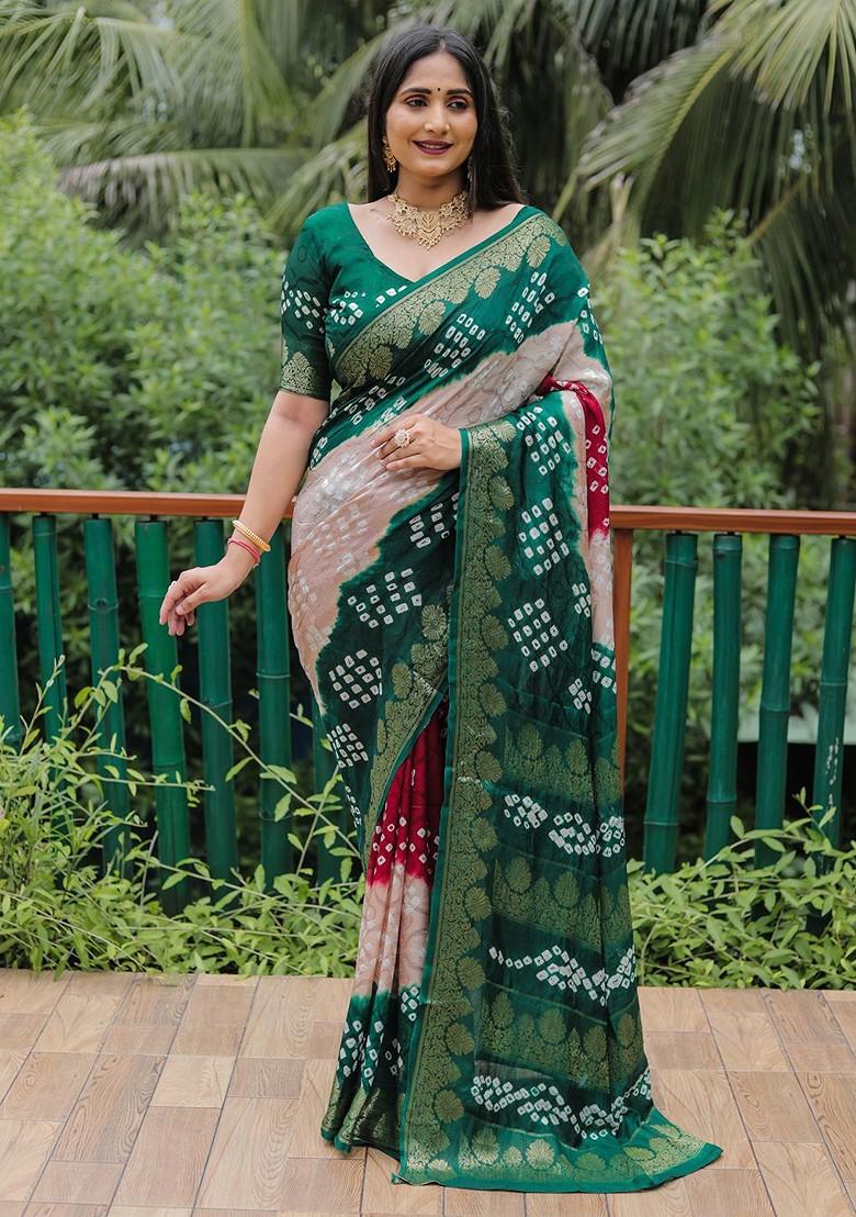 Brown Woven Pure Silk Bandhani Saree Set