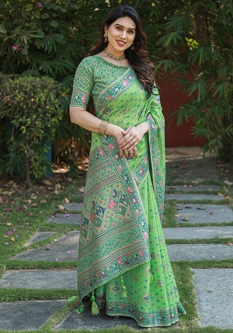 Green Floral Print Zari Pashmina Saree Set