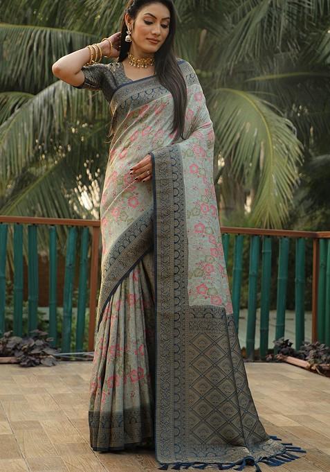 Grey Woven Zari Pure Kanjeevaram Silk Saree Set