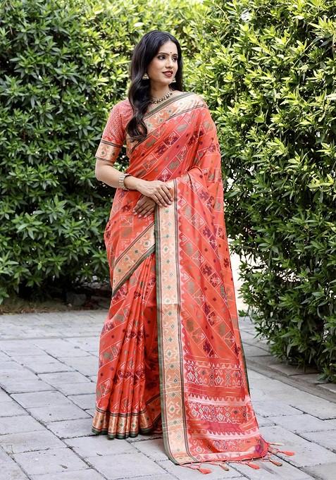 Orange Woven Zari Pure Silk Ikat Saree Set