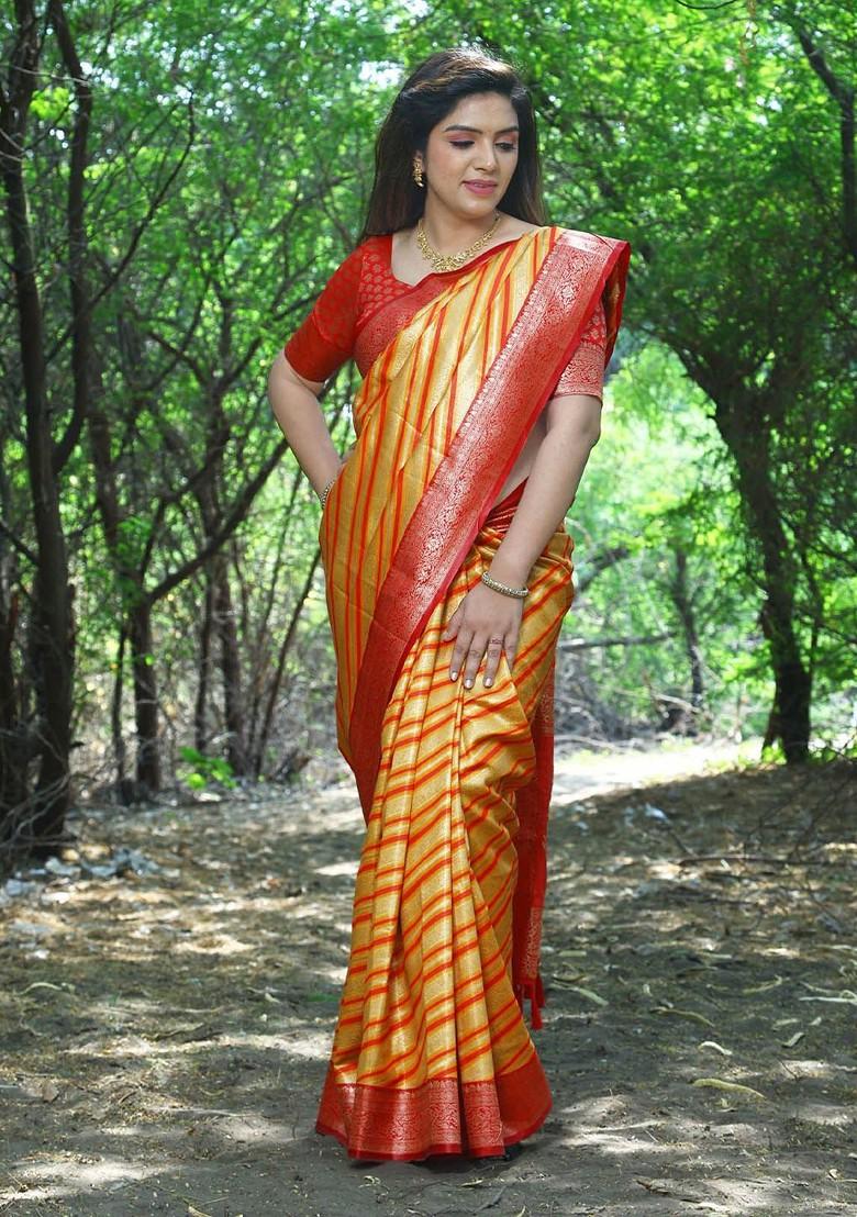 Yellow Woven Zari Pure Silk Leheriya Saree Set