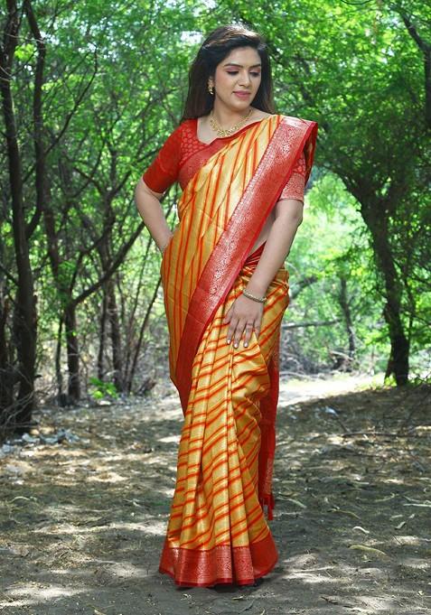 Yellow Woven Zari Pure Silk Leheriya Saree Set