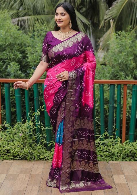 Pink Pure Silk Printed Bandhani Saree Set