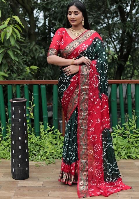 Green Bandhani Print Pure Silk Saree Set