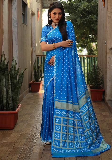 Turquoise Blue Bandhani Print Pure Silk Saree Set