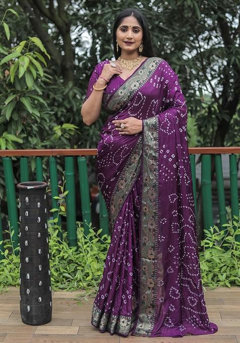 Purple Pure Silk Bandhani Saree Set