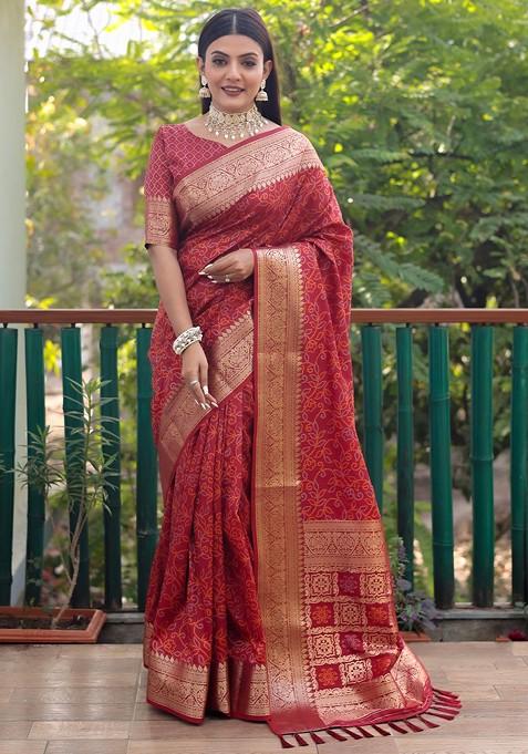 Maroon Woven Zari Pure Silk Bandhani Saree Set