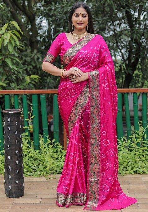 Pink Zari Pure Silk Bandhani Saree Set