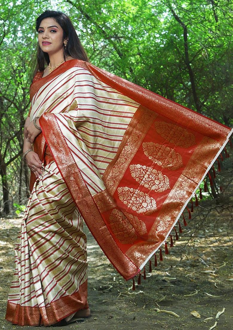 Cream Woven Zari Pure Silk Leheriya Saree Set