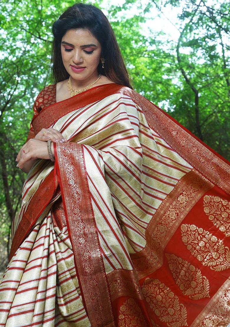 Cream Woven Zari Pure Silk Leheriya Saree Set