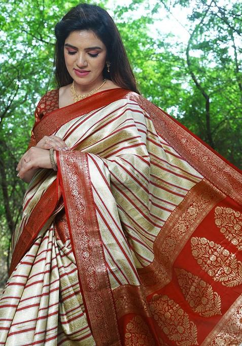 Cream Woven Zari Pure Silk Leheriya Saree Set