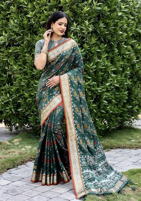 Green Woven Pure Silk Saree Set