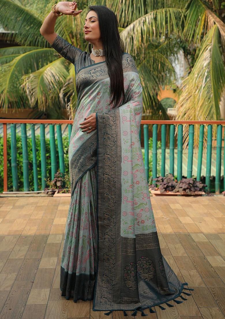 Turquoise Blue Woven Zari Pure Kanjeevaram Silk Saree Set