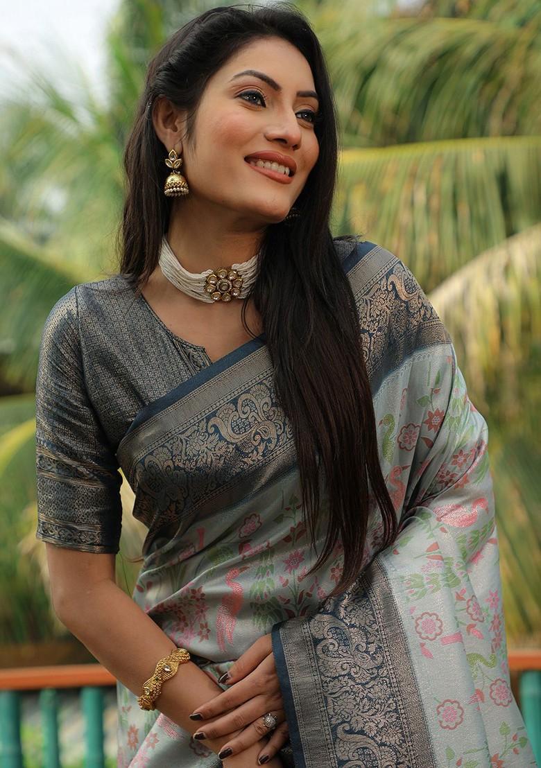 Turquoise Blue Woven Zari Pure Kanjeevaram Silk Saree Set