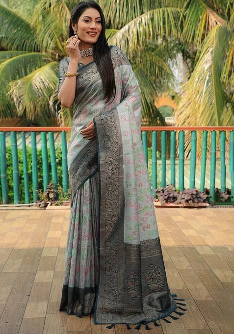 Turquoise Blue Woven Zari Pure Kanjeevaram Silk Saree Set