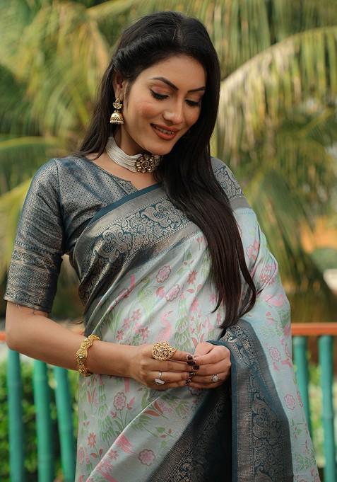 Turquoise Blue Woven Zari Pure Kanjeevaram Silk Saree Set