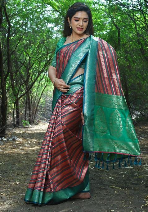 Brown Woven Zari Pure Silk Leheriya Saree Set