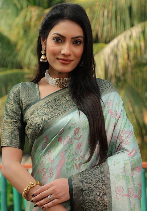 Green Woven Pure Kanjeevaram Silk Saree Set