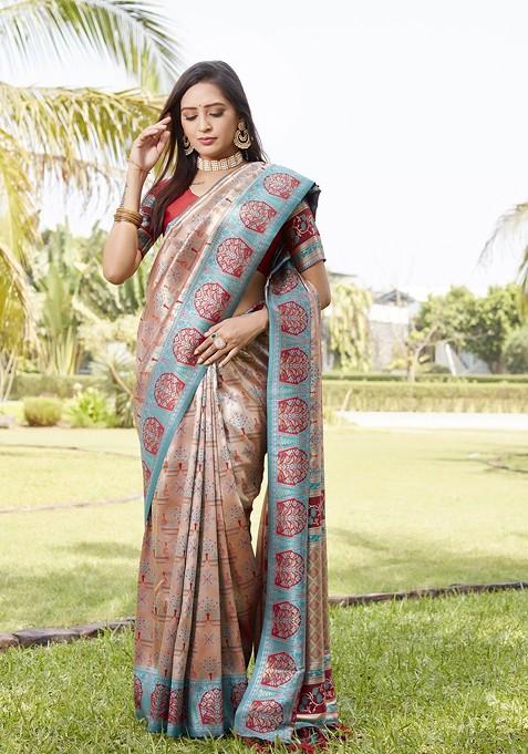 Turquoise Blue Woven Pure Kanjeevaram Silk Saree Set