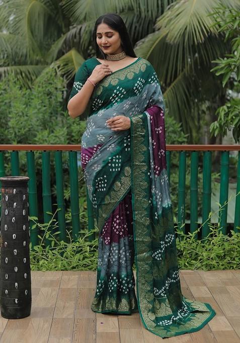 Grey Bandhani Print Pure Silk Traditional Saree Set