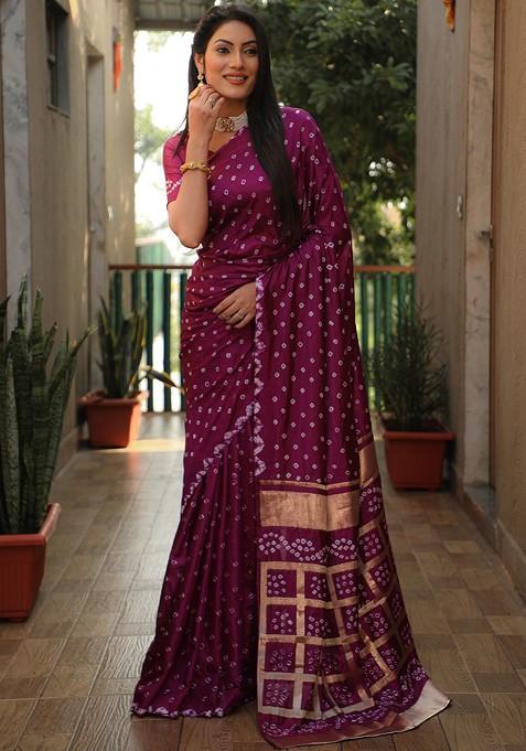 Purple Bandhani Print Pure Silk Saree Set