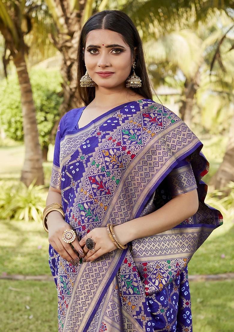 Violet Woven Zari Pure Silk Bandhani Saree Set