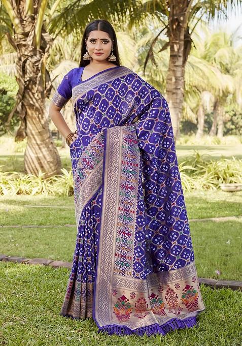 Violet Woven Zari Pure Silk Bandhani Saree Set