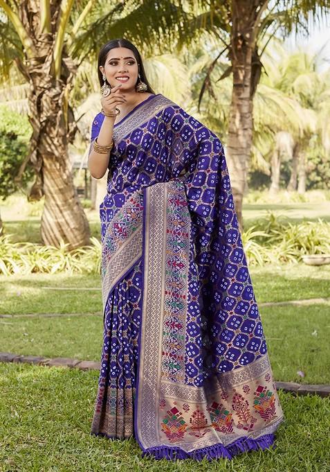 Violet Woven Zari Pure Silk Bandhani Saree Set