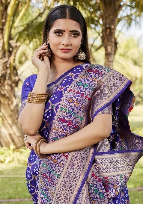 Violet Woven Zari Pure Silk Bandhani Saree Set