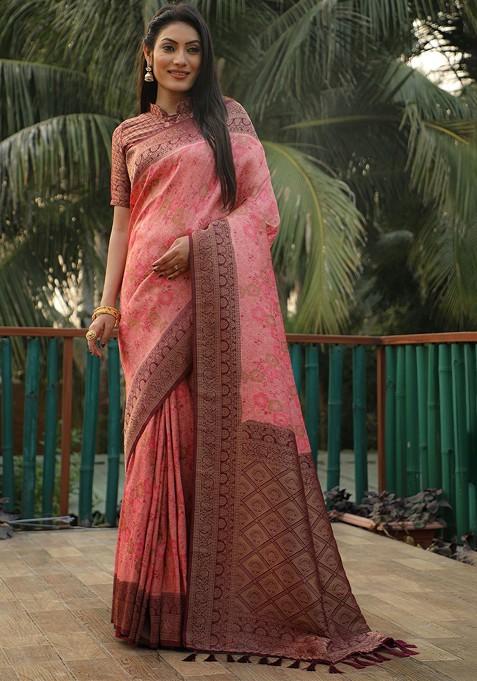 Peach Woven Zari Pure Kanjeevaram Silk Saree Set