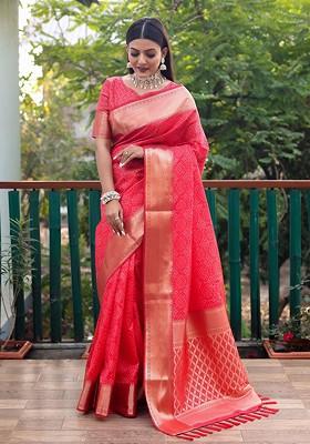 Red Woven Zari Pure Kanjeevaram Silk Saree Set