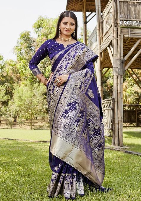 Navy Blue Woven Zari Satin Kanjeevaram Saree Set