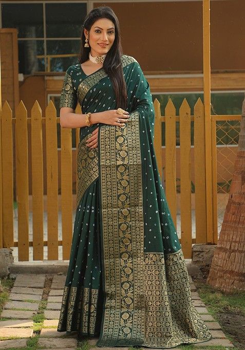 Green Woven Zari Pure Silk Bandhani Saree Set