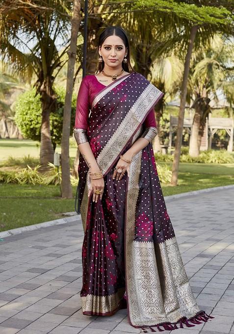 Maroon Woven Zari Kanjeevaram Saree Set