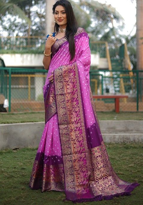 Lavender Woven Pure Silk Bandhani Saree Set