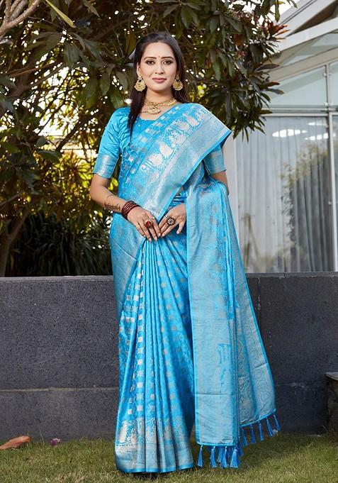 Turquoise Blue Woven Banarasi Saree Set With Zari Border