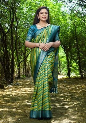 Green Woven Zari Pure Silk Leheriya Saree Set