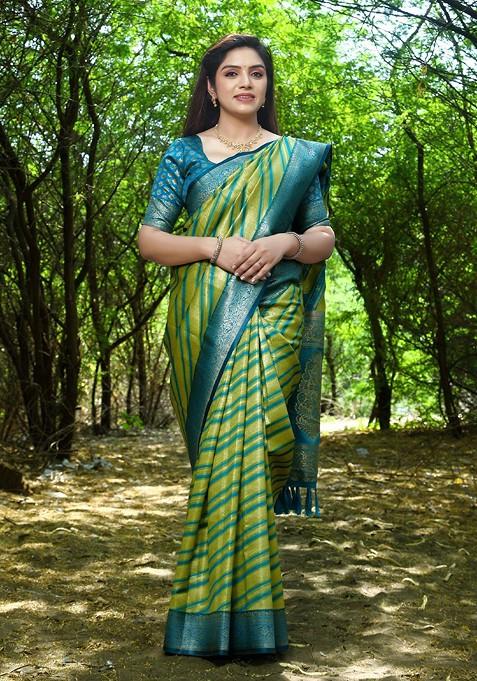Green Woven Zari Pure Silk Leheriya Saree Set