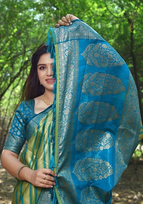 Green Woven Zari Pure Silk Leheriya Saree Set